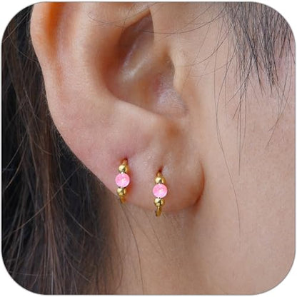 2 Pcs Small Cartilage Hoop Earrings for Women Men, 18G Opal Silver Earrings Hypoallergenic 316L Surgical Steel Hinge Huggie Hoop Earrings for Helix,Tragus,Conch,Rook,Earlobe Piercing Jewelry Nose Ring - style: 2Pcs 8mm Pink Opal/Gold
