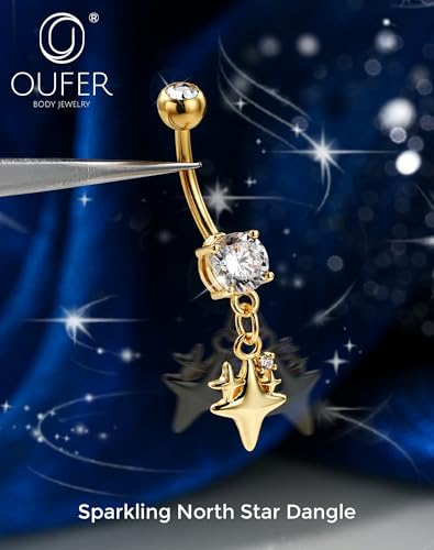 OUFER 14G Star Silver Gold Dangle Belly Button Ring 316L Surgical Stainless Steel CZ 10mm Bar Length Navel Piercing Jewelry for Women - color: Gold