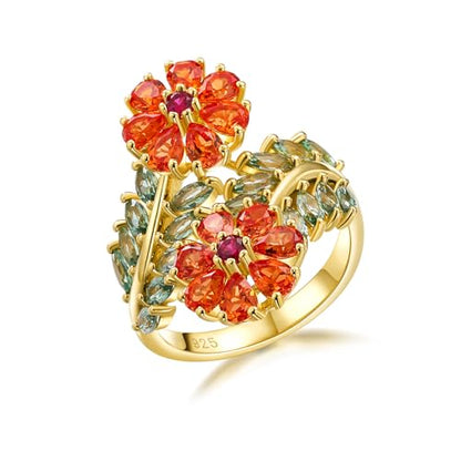 Statement Flower Ring Cocktail Leaf Ring Birthstone Anniversary Signet Ring | Hypoallergenic|14K Gold Plated|Sterling Silver Sparkling Engagement Promise Party Ring for Women, Size 6 to 10(With Box) - color: Flower - Garnet
