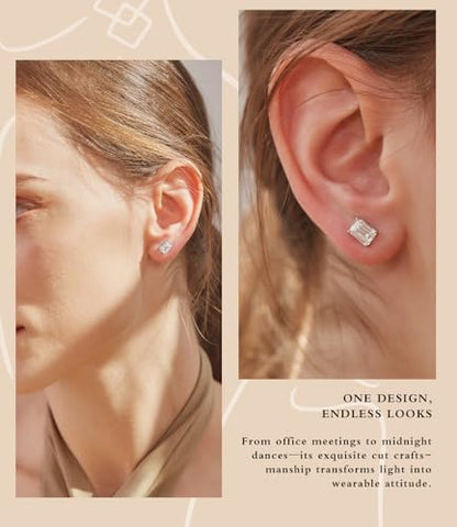 "STUNNING FLAME" Trillion-cut/Cushion-cut/Emerald-cut/Marquise-cut ... 18K White Gold Plated Sterling Silver Cubic Zirconia Simulated Diamond Stud Earrings for Women - color: Emerald-Cut, size: X-small-white gold plated silver