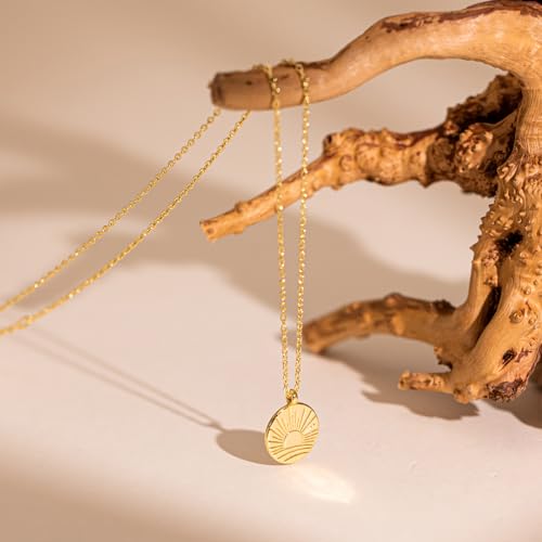 Dainty Gold Necklace: 14k Gold Plated Dianty Boots Bow Sun Moon Horse Evil Eye Conch Seahorse Necklace for Women 16.5"+2" - color: Sun Rise Coin
