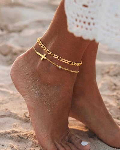 2/3 PCS Gold Anklets for Women Waterproof Boho Starfish, Seashell, Heart & Butterfly Charms Ankle Bracelets Non Tarnish Adjustable Layered Cuban Beaded Foot Chain Beach Jewelry for Summer Vacations - color: Gold Set 8