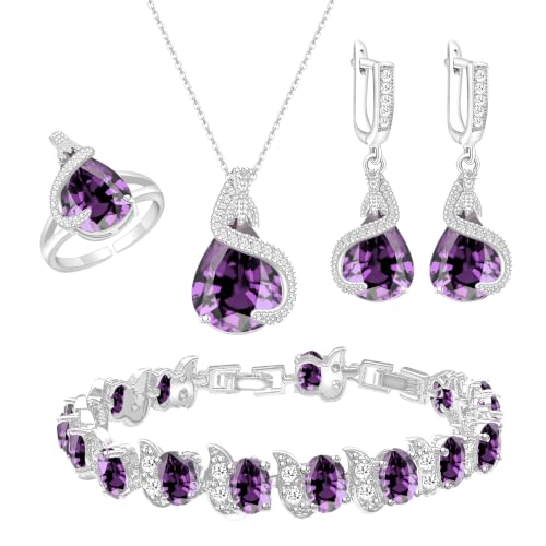 Jewelry Set for Women Teardrop Earrings Necklace Ring Bracelet Set Party Wedding Jewelry Gift for Mother Wife Friend - color: Purple