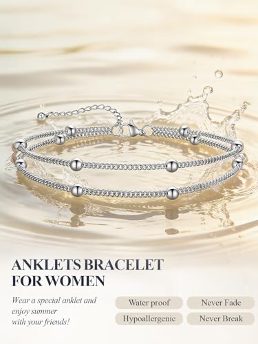 U7 Silver/Gold/Black Ankle Bracelets for Women Layered Chain Anklets | Stainless Steel Anklets Waterproof Summer Beach Anklet Charm, Adjustable 8.5"-10.5",Layered Anklet Fashion - color: Silver - Layered Ball Chain