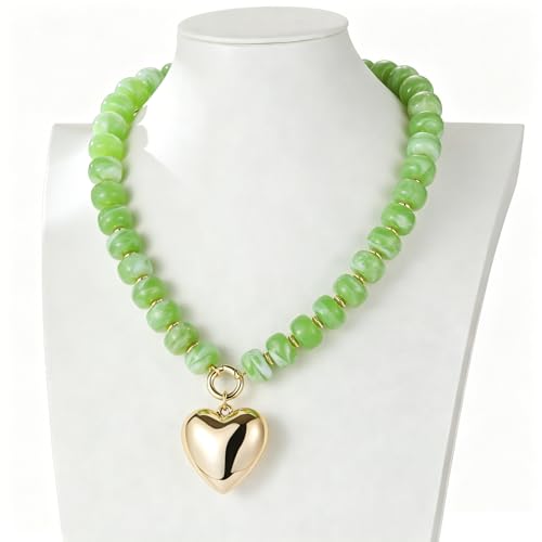 Chunky Heart Necklaces for Women Colorful Resin Beaded Necklaces for Women Gold Puffy Heart Statement Necklace Trendy Acrylic Choker Jewelry Gift - color: B-Light green