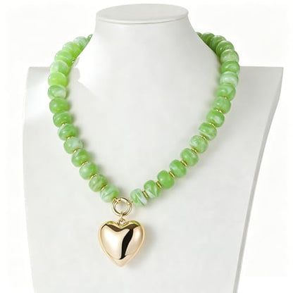 Chunky Heart Necklaces for Women Colorful Resin Beaded Necklaces for Women Gold Puffy Heart Statement Necklace Trendy Acrylic Choker Jewelry Gift - color: B-Light green