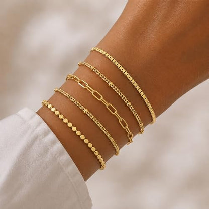 Gold Plated Layered Bracelet Set, Adjustable Paperclip Snake Chain Jewelry for Women - color: Paperclip,Snake,Ball,Wave Twisted Rope,Small Bar