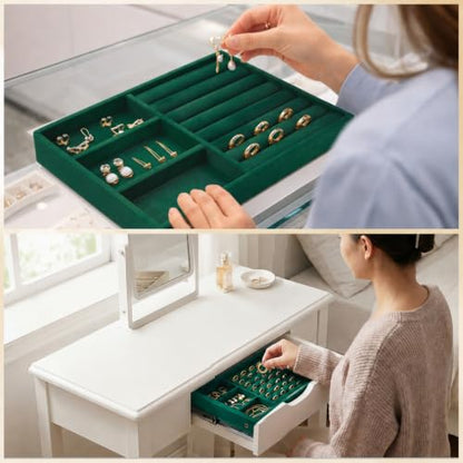 Jewelry Box Insert Organizer for Drawer Stackable Velvet Trays 8.3 x 4.9in | Jewelry Drawer Inserts, Ring Earring Stud Necklace Holder Display Storage Case(Green) - color: Green