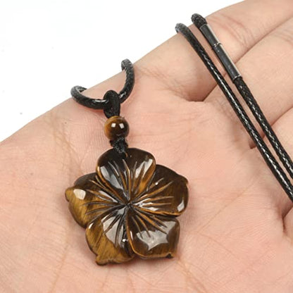 Justinstones Hand Carved Healing Crystals Gemstone Hawaii Flower Pendant Hand Weaving Wax Rope Necklace 22 inch - color: Yellow Tiger Eye