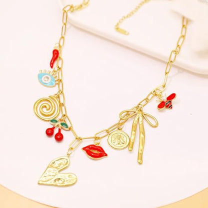 JNF Cute Shell Conch Boho Charm Necklace for Women Sun Moon Star Coin Heart Flower Boot Bow Charms Necklaces Summer Beach Jewelry - color: heart butterfly bow charms
