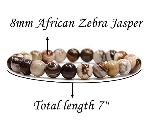 Angelstones Gemstones 8mm Round Beads Healing Crystal Bracelet for women | Natural Gemstone, Handmade Gifts for Women, Healing Crystal Round Beaded Stretch Bracelets, Unisex Jewelry for Women and Men - color: African Zebra Jasper
