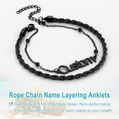 U7 Custom Layered Ankle Bracelets for Women Stainless Steel Bead/Cuban/Figaro/Rope/Wheat Chain Anklet Waterproof Anklet Jewelry for Beach Vacation - color: c-Black-Rope Chain