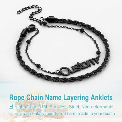 U7 Custom Layered Ankle Bracelets for Women Stainless Steel Bead/Cuban/Figaro/Rope/Wheat Chain Anklet Waterproof Anklet Jewelry for Beach Vacation - color: c-Black-Rope Chain