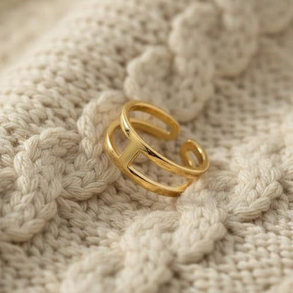 Gold Open Geometric Adjustable Ring, 18K Yellow Gold Plated over Stainless Steel, Modern Minimalist Design, Women's Fashion Jewelry, Tarnish Resistant, Adjustable sizes 6-8
