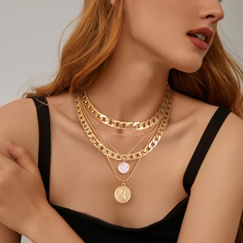 MJartoria Layered Necklaces for Women Trendy Retro Mother of Pearl Coin Letter Pendant Necklace Dainty Chunky Chain Choker Necklaces for Jewelry Birthday Gifts - style: V