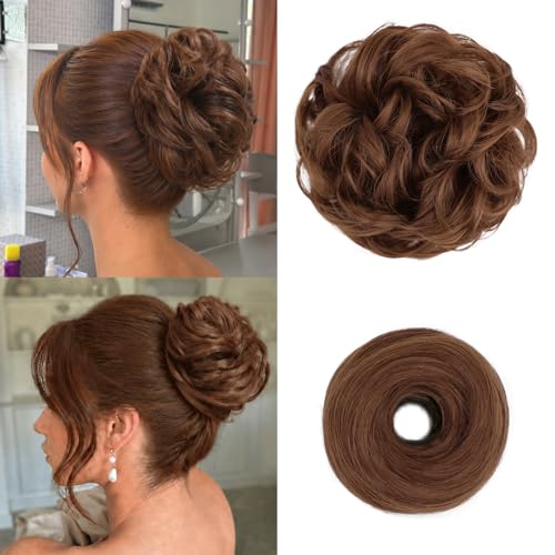 2PCS Messy Bun Hair Pieces Synthetic Hairpieces For Women Copper Brown | Messy Bun and Donut Bun in one set for natural-looking volume and elegant updos for every occasion. - color: Copper Brown