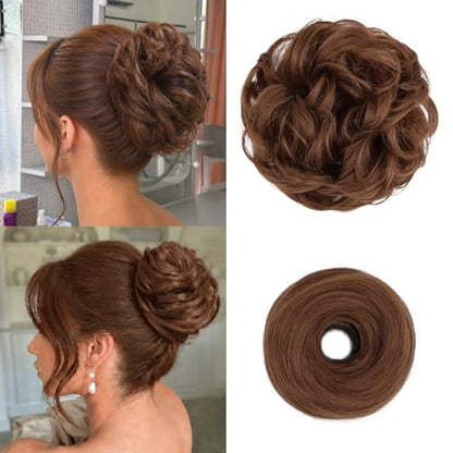 2PCS Messy Bun Hair Pieces Synthetic Hairpieces For Women Copper Brown | Messy Bun and Donut Bun in one set for natural-looking volume and elegant updos for every occasion. - color: Copper Brown