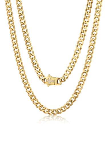 Bandmax 14K Gold Plated Black Stainless Steel Cuban Link Chain Necklace for Men Women, Cross White Zircon Clasp, 6/9/12MM Width, 18-30 Inch Length, Ideal Gift for Son Husband Father - color: 02 Gold Tone-6MM, size: 28 Inch (71cm, Long)