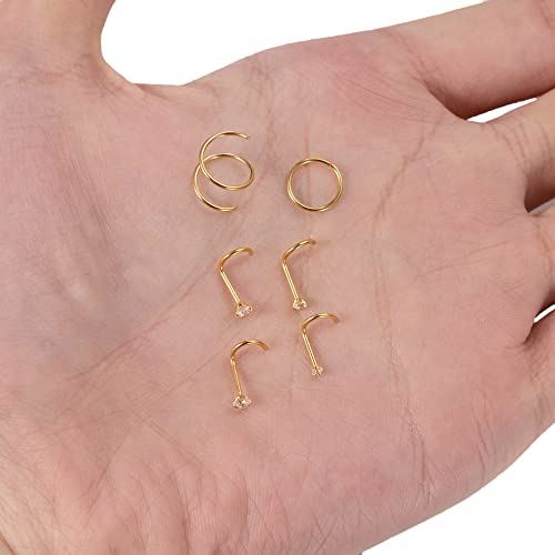 21PCS 18G 20G 22G 316L Stainless Steel Nose Rings Hoop for Women Men Double Nose Ring CZ Nose Stud Piercing Jewelry - color: 22G-Gold tone