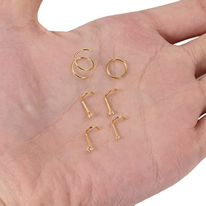 21PCS 18G 20G 22G 316L Stainless Steel Nose Rings Hoop for Women Men Double Nose Ring CZ Nose Stud Piercing Jewelry - color: 22G-Gold tone