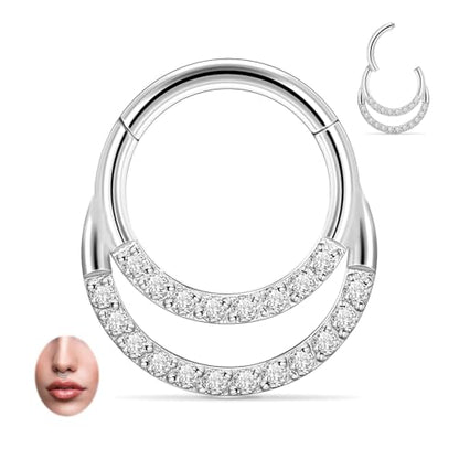 GAGABODY Septum Jewelry 16 Gauge Earrings Double Hoop Daith Earring Surgical Steel Hinged Nose Rings Nose Hoop Helix Tragus Rook Piercing - color: Style3:1pc Silver+Clear CZ