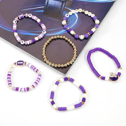Ardorchid Halloween Bracelets for Women Pumpkin Ghost Steleton Bat Skull Beaded Stackable Stretchy Bracelet Rugby Thanksgiving Christmas Heishi Bracelets - color: Game Day-Purple