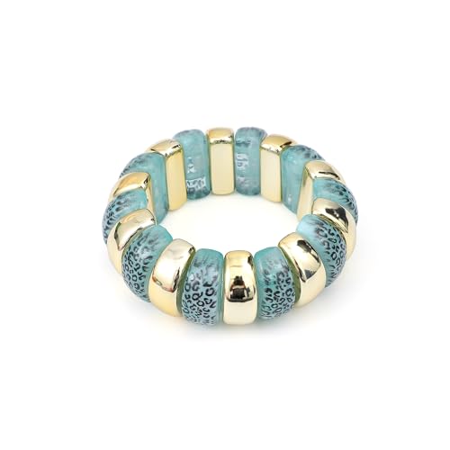 GOOJIDS Simple Beaded Gold Plated Bangles Bracelet Chunky Bamboo Tube Curved Stacking Clear Acrylic Colorful Beads Stretchable Gold Plated Bracelets Set For Women - color: B-Gold&Green Leopard