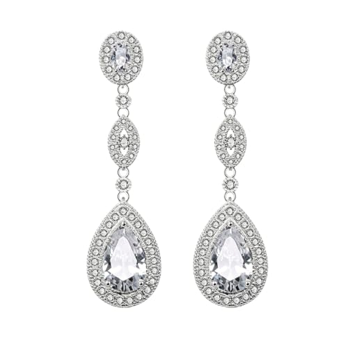 Crystal Teardrop Dangle Earrings Women, Silver Cubic Zirconia Drop Earrings for Bridal, Wedding, Bridesmaids,Prom, Pageant