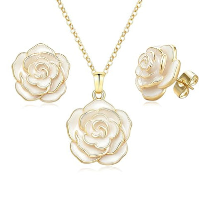 Enamel Rose Necklace and Earrings Jewelry Set for Women | 14K Gold Plated,Rose Represent: Love Gratitude Prid,Adjustable Chain Fit,Elegant Sets for Daily and Party Wear,Gift Box - color: White