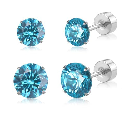 20G G23 Implant Grade Titanium Flat Back Stud Earrings for Women Men, Gold/White Gold Plated Tragus Labret Cartilage Helix F136 Piercing Jewelry for Sensitive Ears, with 4-6mm Cubic Zirconia - color: 2Pairs-20G-Silver-Aquamarine CZ-Stud Earring Sets