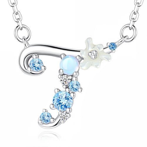VIKI LYNN Initial Necklace for Women 925 Sterling Silver Initial A to Z Letter Pendant Necklace with Blue Flower Cubic Zirconia Birthday Engagement Gift for Women,Mom, Couple - style: Letter T