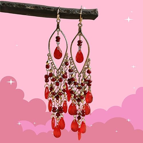 Essencedelight Crystal Beaded Tassel Earring Long Beaded Dangle Earring Fringe Hook Earring for Women Bridal Wedding - color: red
