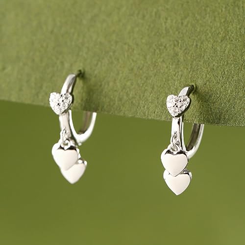 LOVECOM 925 Sterling Silver Heart Dangle Earrings for Women 14K Gold Plated Dainty CZ Love Hearts Charm Huggie Hoop Earrings to Daughter Birthday Wedding Graduation Gifts Jewelry Gifts - color: Silver