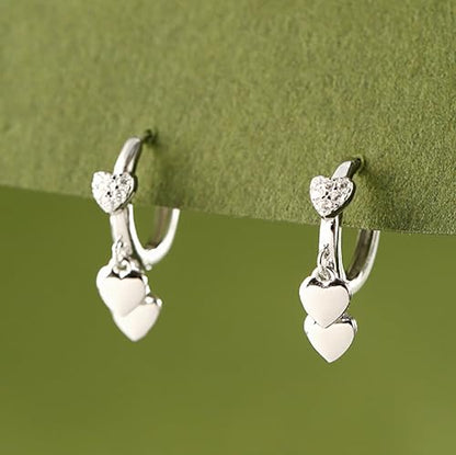 LOVECOM 925 Sterling Silver Heart Dangle Earrings for Women 14K Gold Plated Dainty CZ Love Hearts Charm Huggie Hoop Earrings to Daughter Birthday Wedding Graduation Gifts Jewelry Gifts - color: Silver