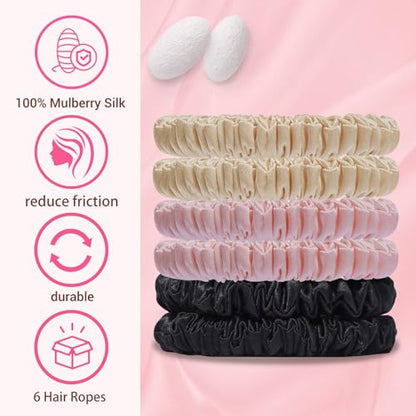 22 Momme 6PCS 100% Mulberry Silk Hair Ties Small Silk Scrunchies for Women Girls Curly Thick Thin Hair .Women's Black Cute Satin Sleepy Bulk Hair Tie Scrunchie Sleep - color: Small Silk Hair ties Style 2
