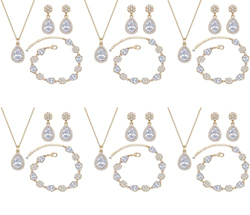 Bridesmaid Jewelry Set for Women,Pendant 18K Gold & Silver & Rose Gold Pendant Necklace Earrings Bracelet Set,Dainty Gift for Wedding/Proposal/Party/Anniversary - color: GOLD - 6 SETS