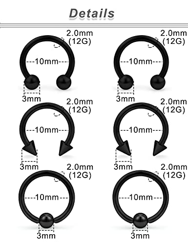 00G 0G 2G 4G 6G 8G 10G 12G 14G 16G Septum Rings Silver Black Surgical Steel Heavy Gauges Earrings Stretching kit Eyebrow Lip Septm Nose Rings Helix Tragus Daith Rook Earrings Hoops 10mm-19mm - color: Black, size: 12G(2.0mm)-Inner Dia:10mm