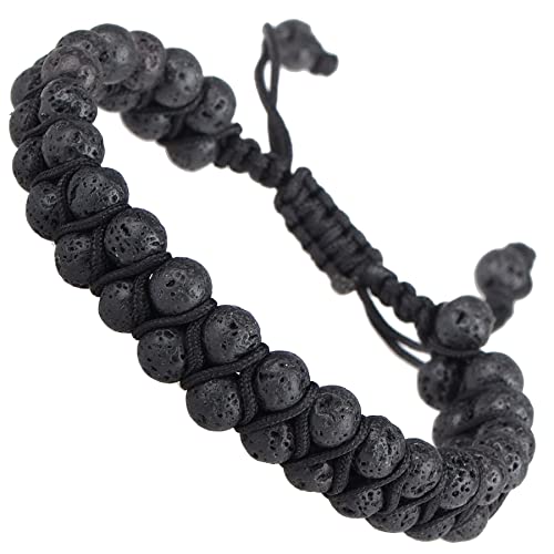 MASSIVE BEADS Double Layer Natural Chakra Healing Power Crystals Macrame Bracelet Yoga Stone Beads Gemstone Meditation Relax Anxiety Bangle for Unisex Women Men - color: Black Lava, size: 6mm