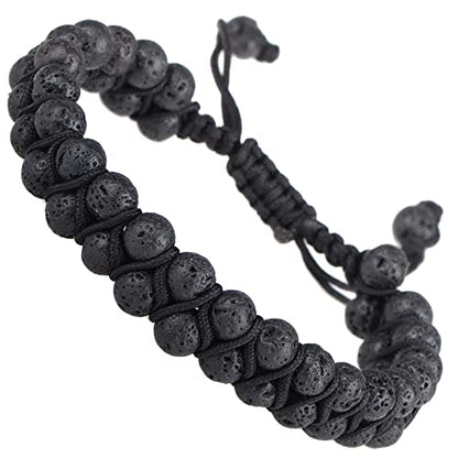 MASSIVE BEADS Double Layer Natural Chakra Healing Power Crystals Macrame Bracelet Yoga Stone Beads Gemstone Meditation Relax Anxiety Bangle for Unisex Women Men - color: Black Lava, size: 6mm