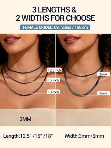 PROSTEEL 3mm/5mm Herringbone Choker Necklace for Women, 12.5"/15"/18", Stainless Steel/Sterling Silver Flat Snake Chain in Silver/Yellow Gold/Rose Gold/Black, Come with Box - color: 3mm-Black Plated, size: 12.5 Inch