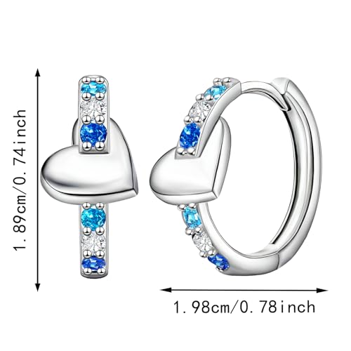 Heart Hoop Earrings with Blue Cubic Zirconia Sterling Silver Love Heart Huggie Earrings Cartilage Tiny Large Huggie Hoops Hypoallergenic for Sensitive Ear for Women Daughter Birthday Anniversary