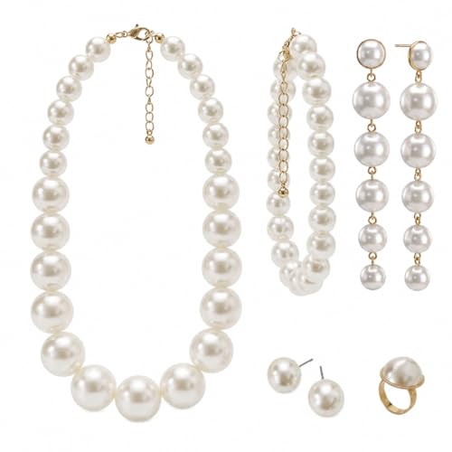 4 Pcs Pearl Necklace Set for Women, Large Faux Pearls Jewelry with Earrings Bracelet, Collar De Perlas Accessories Para Mujer