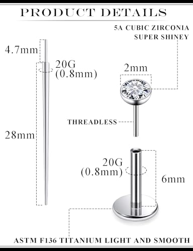20G 18G 16G F136 Titanium Threadless Flat Back Earrings Nose Studs Tragus Forward Helix Conch Cartilage Lobe Earrings Medusa Labret Snake Bite Monroe Lip Ring Piercing Jewelry For Women Men - size: 20G-6MM Bar-CZ 2MM