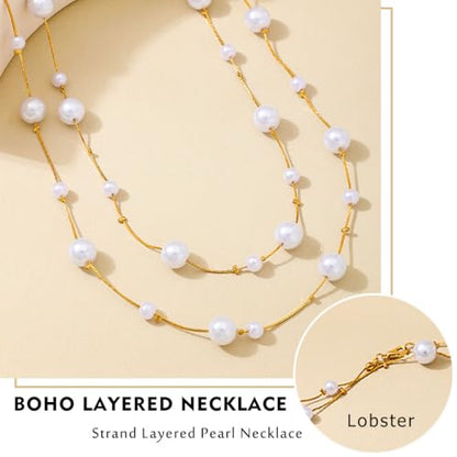 Long Pearl Necklaces for Women Faux Pearl Strand Necklace Gold Dainty Necklaces 1920s Statement Costume Jewelry
