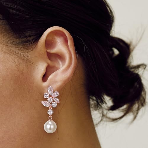 Crysdue Simulated Pearl Earrings for Women, Dainty Silver/Gold/Rose Gold Plated Cubic Zirconia Drop Dangle Earrings Wedding Jewelry for Bride Bridesmaid - style: A- CZ+pearl, rose gold