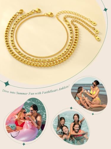 FaithHeart Waterproof Ankle Bracelets for Women, 1/2/3Pcs Non Tarnish Stainless Steel Layered Anklet Set Paperclip Figaro Cuban Link Chain Dainty Summer Beach Jewelry Gift Adjustable Size - style: d.Cuban Mixed 3Pcs - Gold