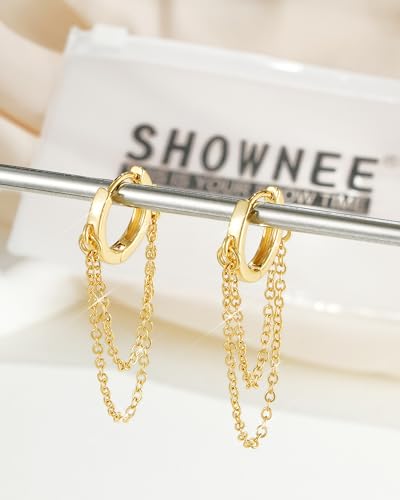 Tassel Chain Small Gold Hoop Dangle Earring For Women Huggie Earring Heart Star CZ 14K Gold Plated Fashion Jewelry Graduation Gift for Her Mothers Day Gifts for Mom - color: Gold-No zircon