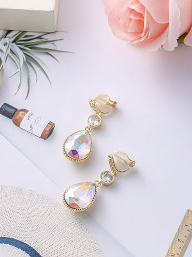 Clip On 18 * 13MM Big Crystal Dangle Non Pierced Earrings for Women 14K Gold Plated Jewelry - color: Apr-Diamond-14K Gold Plated