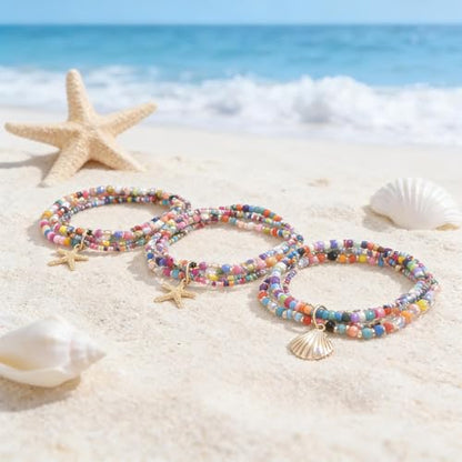 Starfish Shell Anklet Bracelets for Women, Boho Beaded Shell Anklet Set, Beach Vacation Foot Jewelry, Layered Summer Beachy Anklets - color: A3