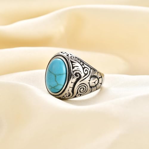 Retro Large Tiger Eye Stone Turquoise Wedding Ring For Men Classical Gothic Stainless Steel Rings - color: Silver-Turquoise2